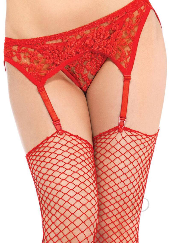 Leg Avenue Lace Garter Belt with Thong 2 piece OS Red featuring floral lace design and adjustable straps paired with fishnet stockings.