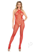 Leg Avenue Fishnet Halter Bodystocking One Size Red displaying a flattering halter neckline and seamless fishnet design.