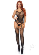 Leg Avenue Seamless Lace Suspender Bodystocking Black worn by a model, showcasing seamless design and lace details.