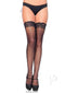 Leg Avenue Stay Up Lace Top Micro Net Thigh High OS Black showcased on model, featuring lace trim and a sleek design.