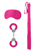 Ouch Introductory Bondage Kit 3 Piece Set Pink including cuffs, eye mask, and whip in playful pink.