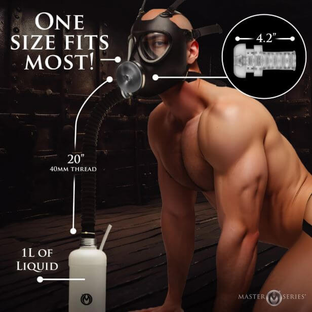 Master Series Overload Stroker Gas Mask Kit with flexible hose and liquid container for immersive breath play.