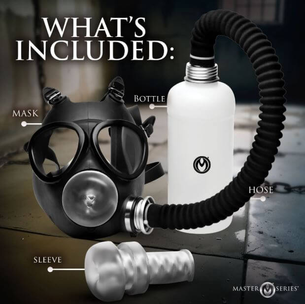 Master Series Overload Stroker Gas Mask Kit includes mask, bottle, hose, and sleeve for immersive breath play.