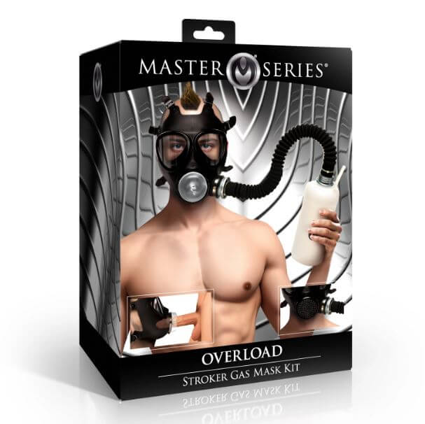 Master Series Overload Stroker Gas Mask Kit packaging showcasing innovative design for immersive breath play.