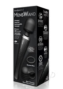 Bodywand MensWand Rechargeable Silicone Massager Black packaging featuring ergonomic design and removable attachment.