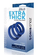 ZOLO Extra Thick Silicone Cock Ring 3 Pack Navy packaging featuring three stretchy rings in navy color.