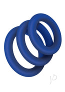 ZOLO Extra Thick Silicone Cock Ring 3 Pack Navy featuring three soft and stretchy blue rings for enhanced comfort.