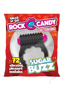 Rock Candy Sugar Buzz Vibrating Cock Ring Black packaging showcasing playful design and features like 72 vibrating pleasure nodules.