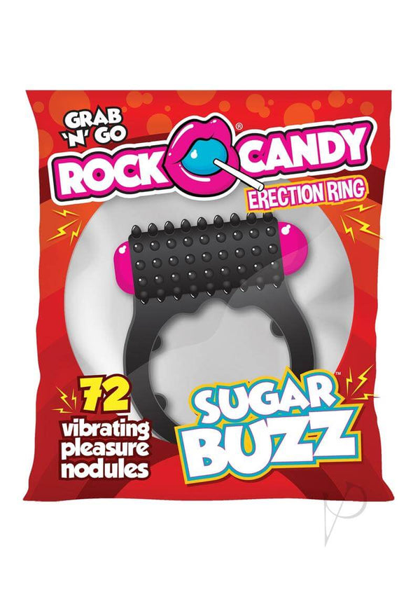 Rock Candy Sugar Buzz Vibrating Cock Ring Black packaging showcasing playful design and features like 72 vibrating pleasure nodules.