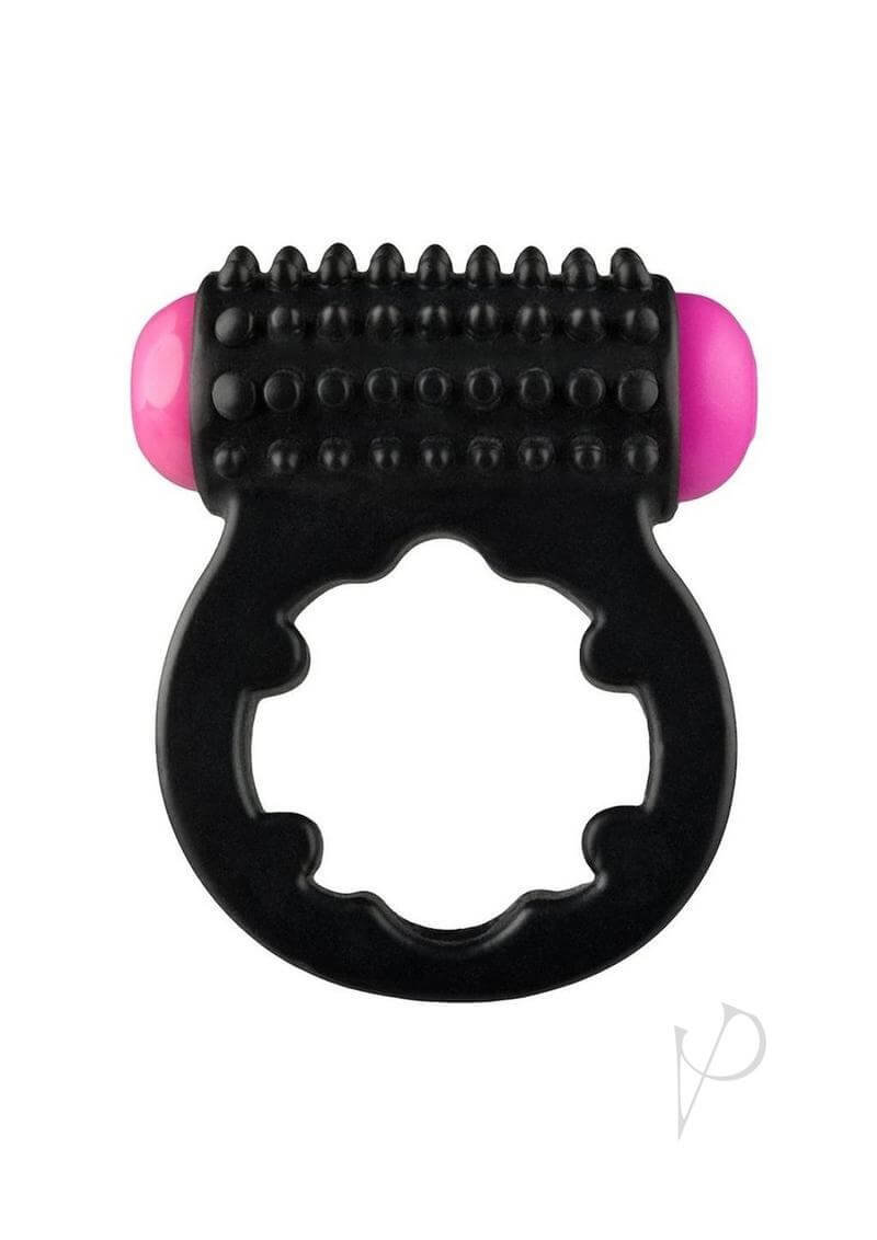 Rock Candy Sugar Buzz Vibrating Cock Ring Black showcasing its textured design and vibrant accents for enhanced pleasure.