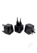 Black plug adapters for multiple power socket types, including UK, EU, and US configurations.
