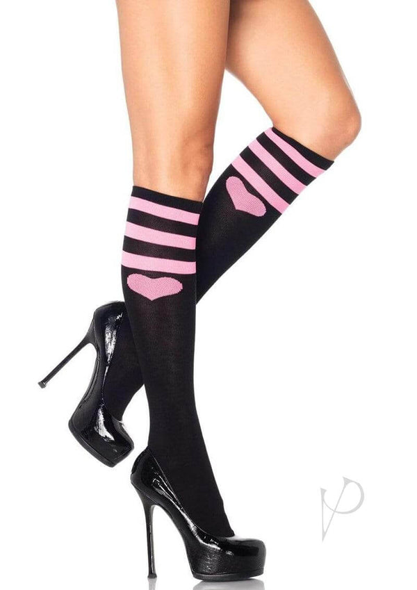 Leg Avenue Sweetheart Athletic Knee Socks OS Black with pink stripes and heart design, styled with high heels.
