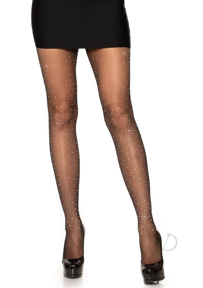 Leg Avenue Spandex Sheer Rhinestone Pantyhose in black, offering elegance and confidence with a touch of sparkle.