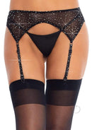 Leg Avenue Rhinestone Garter Belt One Size Black featuring rhinestone detailing and paired with thigh-high stockings.