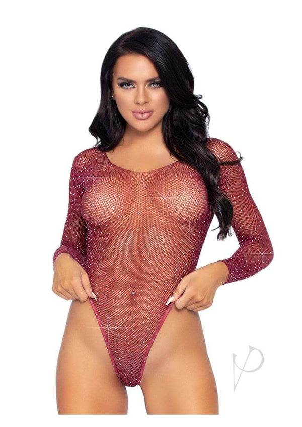 Leg Avenue Rhinestone Long Sleeve Fishnet Bodysuit in burgundy, featuring sparkling rhinestones and a snap crotch design.