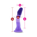 Avant D2 Purple Rain 7.5 Inch Silicone Dildo dimensions showing length, insertable size, and width in a colorful design.