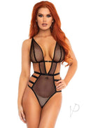 Leg Avenue black fishnet teddy with plunging neckline and strappy sides, showcasing a daring lingerie look.