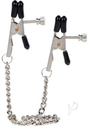 Nipple Play Bull Nose Nipple Clamps Non-Piercing Silver with chain and latex dipped tips for secure stimulation.