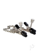 Nipple Play Bull Nose Nipple Clamps Non-Piercing Silver with connecting chain and latex tips for comfortable use.