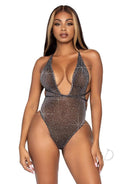 Leg Avenue Shimmer Sheer Lurex Rhinestone Bodysuit Black showcased on a model with sparkling rhinestones.