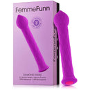 FemmeFunn Diamond Wand Flexible Textured Silicone Vibrator Purple with packaging and product details visible.