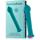 FemmeFunn Diamond Wand Flexible Textured Silicone Vibrator Turquoise in packaging showing details and features.