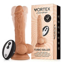 FemmeFunn Vortex Turbo Baller 8.25 inch Rotating Dildo Beige with packaging and remote control.