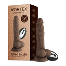 FemmeFunn Vortex Turbo Baller 8.25 inch Rotating Dildo Brown with suction base and controller in packaging.