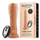 FemmeFunn Vortex Turbo Shaft 2.0 8 inch Vibrating Rotating Dildo Beige with remote control and packaging.