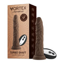 FemmeFunn Vortex Turbo Shaft 2.0 8 inch Vibrating Rotating Dildo Brown with packaging and remote control.