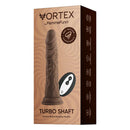 FemmeFunn Vortex Turbo Shaft 2.0 8 inch Vibrating Rotating Dildo Brown packaging with suction base.