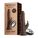 FemmeFunn Vortex Turbo Rabbit 2.0 8 inch Vibrating Dildo Brown with suction control and packaging.