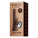 FemmeFunn Vortex Turbo Rabbit 2.0 8 inch Vibrating Dildo Brown packaging display featuring suction base and remote.