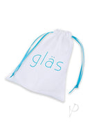 Glas Jewel Glass Anal Plug Clear and Purple protective storage bag with light blue drawstrings and branding.