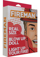 Hott Products Fireman Blow-Up Doll 5.5 Foot Vanilla packaging showing playful firefighter design.