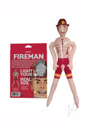 Hott Products Fireman Blow-Up Doll 5.5 Foot Vanilla standing with packaging, designed for fun adult play.
