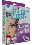 Hott Products Sexy Nurse Blow Up Doll 5.2 Foot Vanilla packaging featuring sexy nurse design and playful text.