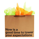 Wood Rocket Lower Your Expectations Large Gift Bag with colorful tissue paper peeking out.