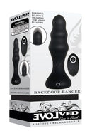 Backdoor Banger Silicone Remote Control Anal Vibrator Black packaging showcasing its design and features.