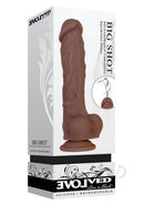 Big Shot Silicone Vibrating Squirting Dong 8 Inch Chocolate in packaging, featuring realistic design and squirting function.