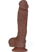 Big Shot Silicone Vibrating Squirting Dong 8 Inch Chocolate on a flat surface showcasing realistic design and suction base.