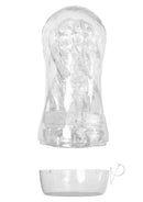 Zero Tolerance Swirl Stroker Clear shown with transparent design and textured sleeve for enhanced pleasure.