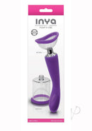 Inya Silicone Rechargeable Pump and Vibrator Purple with suction and vibration features in packaging.