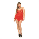 Leg Avenue Rose Lace Chemise and G-String Queen Size Red worn by model showcasing flared silhouette and rose lace details.