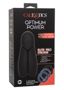 Optimum Power Elite Pro Stroker Silicone Masturbator Black packaging with features highlighted