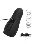 Optimum Power Elite Pro Stroker Silicone Masturbator Black with USB charging cable, sleek and powerful design.