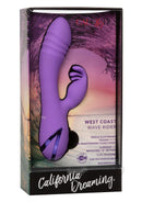 California Dreaming West Coast Wave Rider Rabbit Vibrator in purple packaging, showcasing waterproof and rotating features.
