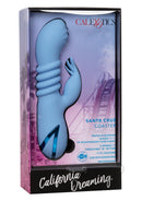 California Dreaming Santa Cruz Coaster Rabbit Vibrator Blue in packaging showcasing its features and design.