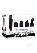 Tiny Treasures Silicone Vibrator with Attachments Black - versatile 5-piece silicone kit by Evolved.