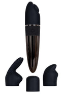 Tiny Treasures Silicone Vibrator with Attachments Black shown with three interchangeable silicone caps.